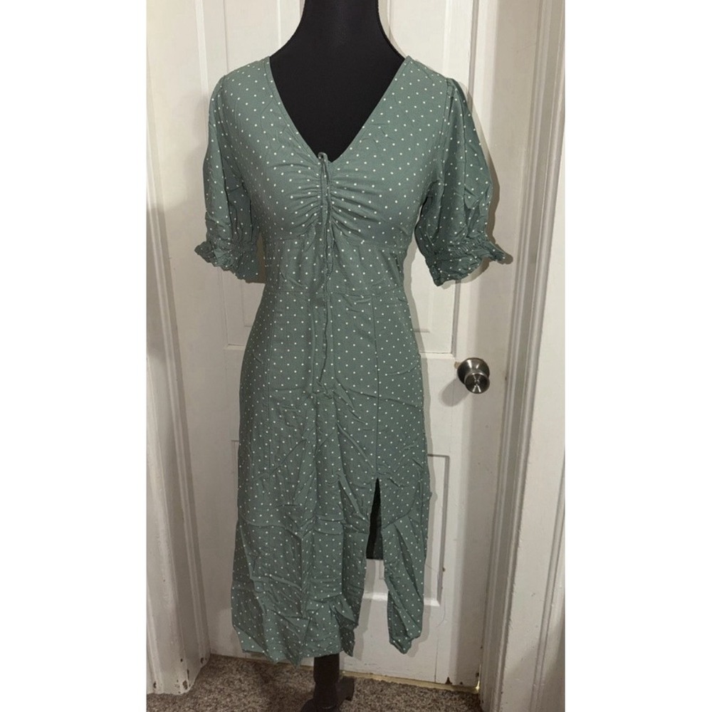 Abercrombie & Fitch Green Polka Dot Midi Dress XS V-Neck Puff Sleeve Ruffle